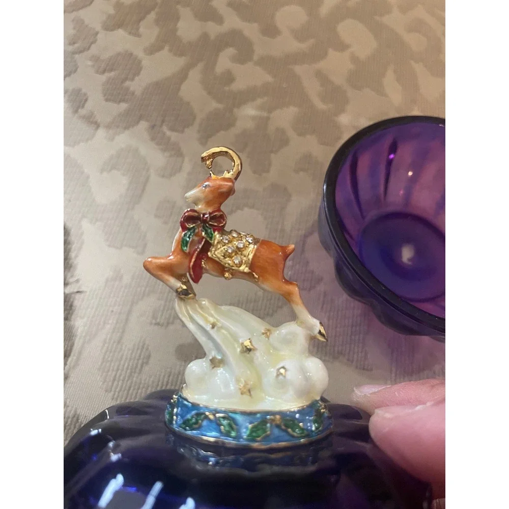 Gorham Jeweled Reindeer Cobalt Blue Glass Trinket Box Holiday Christmas Dish